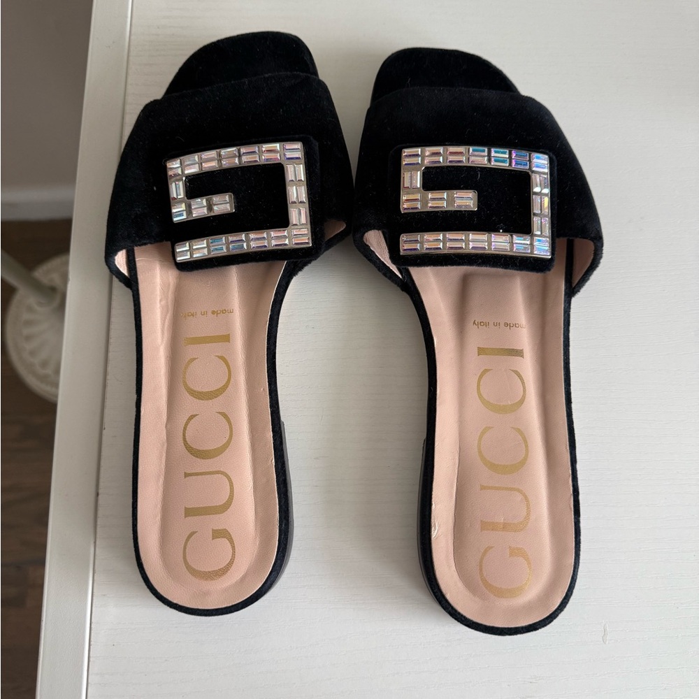 Gucci Black Sandals with Crystal Buckle